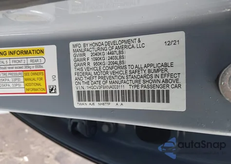 2022 Honda Accord Hybrid Touring z USA, uszkodzony, nr VIN 1HGCV3F9XNA003111